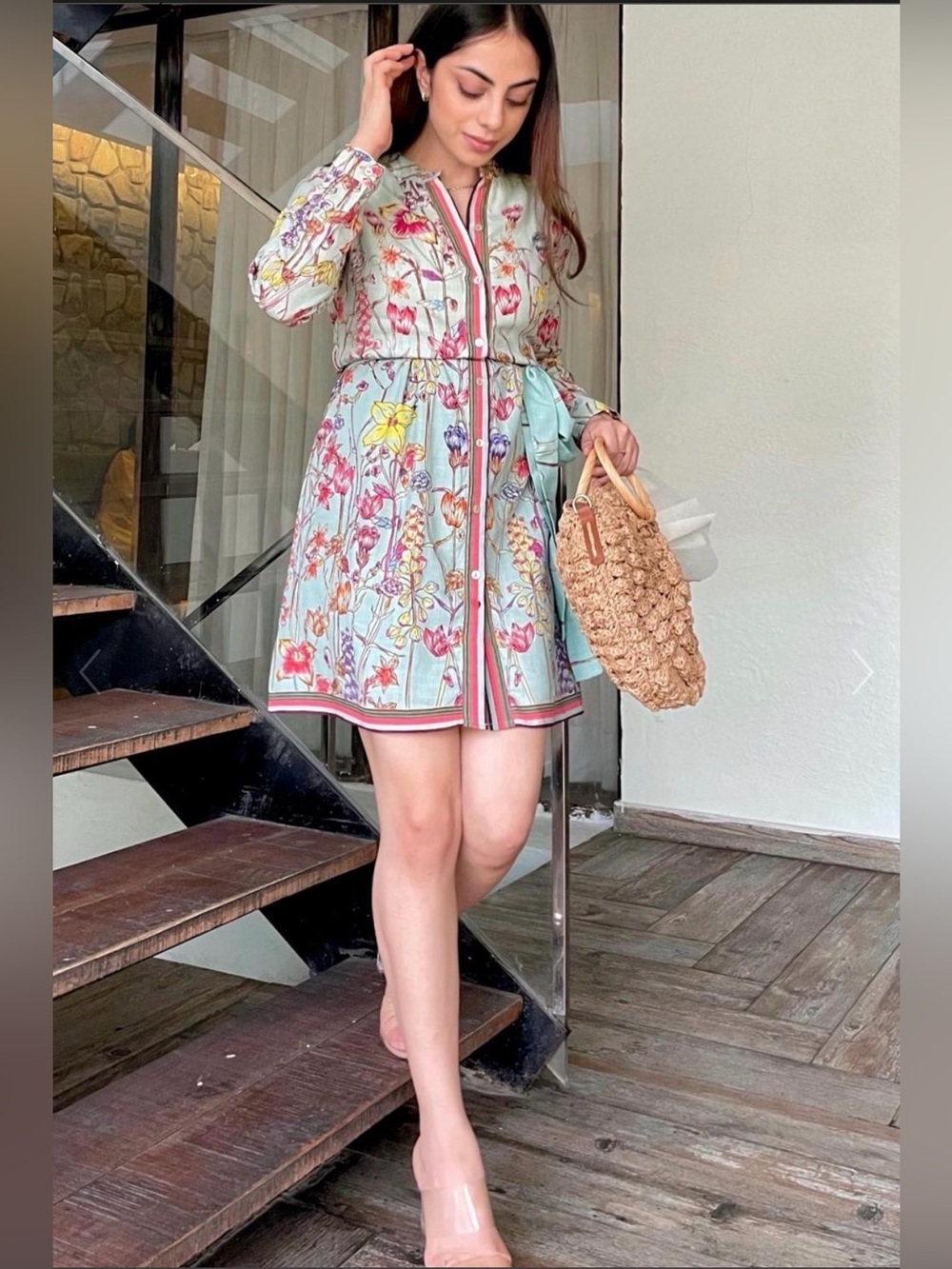 Label Ritukumar Floral Viscose Mint Charlotte Shirt Dress, Size XS
